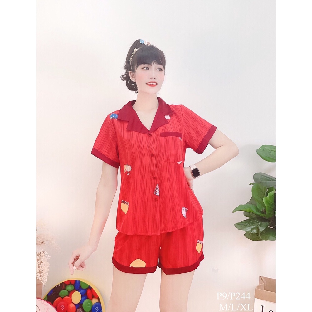 Bộ Lụa Mặc Nhà NHISTORE Pijama Quần Ngắn Tay Ngắn Phối Ren Họa Tiết Chuột Dễ Thương Size 40-55kg