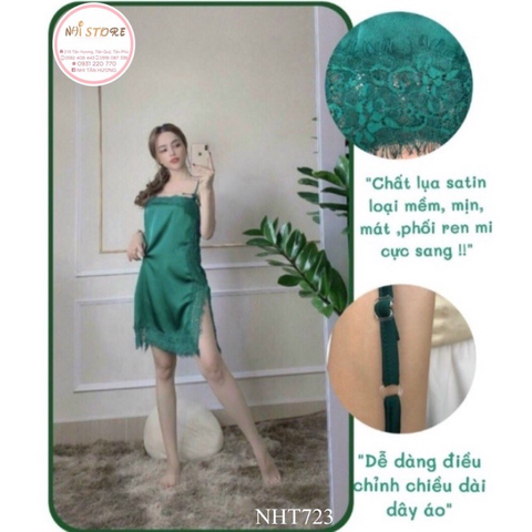 Đầm Ngủ 2 Dây Nhistore Phối Ren Sexy Vải Lụa Satin Cao Cấp Freesize Dưới 55kg