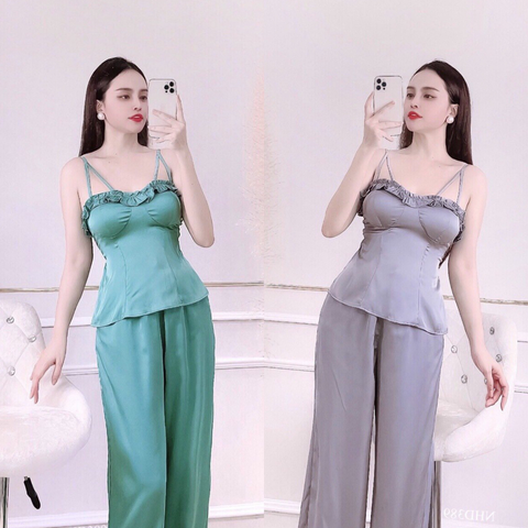 Bộ Lụa Quần Dài Ống Rộng Áo 2 Dây Bèo Cúp Ngực Sexy Freesize Dưới 57kg