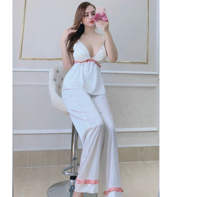 Bộ Lụa Mặc Nhà Nhistore Quần Dài Ống Suông Áo 2 Dây Cúp Ngực Sexy Freesize Dưới 57kg