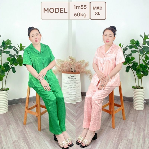 Đồ Bộ Trung Niên NHISTORE Pijama Gấm Satin Sang Trọng Quần Dài Tay Ngắn Có Túi Big Size 45-85kg, Quà Tặng Mẹ, Bà