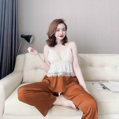 Bộ Lụa 2 Dây Sexy Nhistore Quần Dài Ống Suông Cúp Ngực Phối Ren Freesize Dưới 57kg