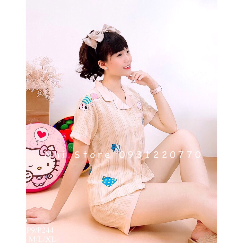 Bộ Lụa Mặc Nhà NHISTORE Pijama Quần Ngắn Tay Ngắn Phối Ren Họa Tiết Chuột Dễ Thương Size 40-55kg