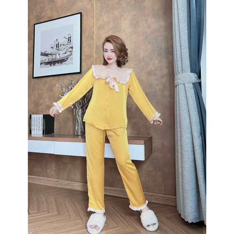 Bộ lụa Pijama Nhistore - Bộ Quần Dài Tay Dài Lụa Satin Cổ Phối Bèo Nơ Tiểu Thư Freesize 45-57kg