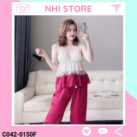 Bộ Lụa 2 Dây Sexy Nhistore Quần Dài Ống Suông Cúp Ngực Phối Ren Freesize Dưới 57kg