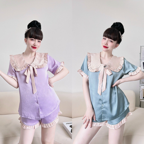 Bộ lụa Pijama NHISTORE Bộ Quần Ngắn Tay Ngăn Cổ Phối Bèo Nơ Dễ Thương Freesize 45-58kg