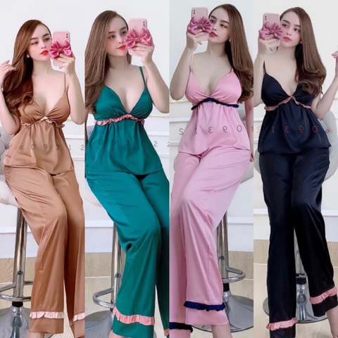 Bộ Lụa Mặc Nhà Nhistore Quần Dài Ống Suông Áo 2 Dây Cúp Ngực Sexy Freesize Dưới 57kg