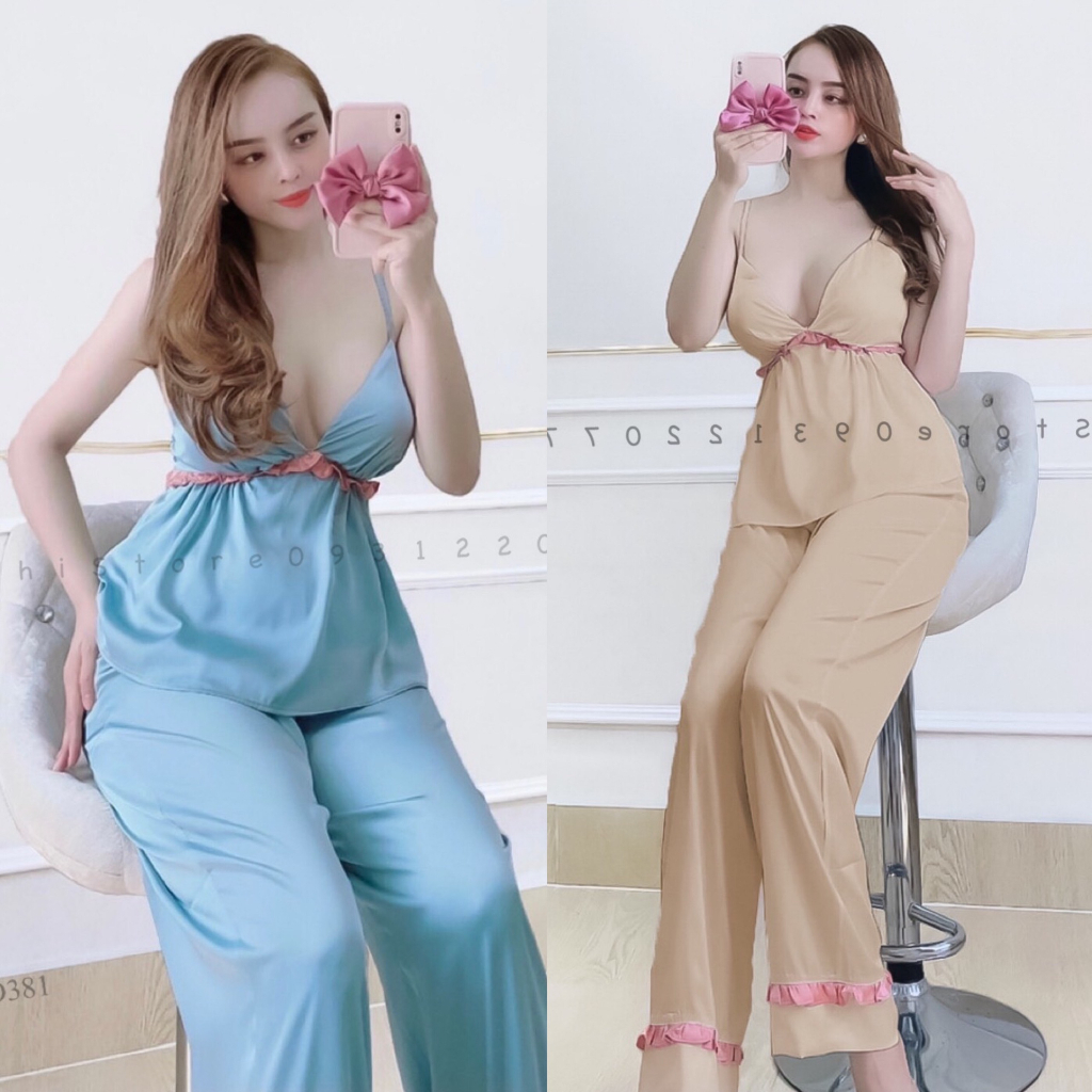 Bộ Lụa Mặc Nhà Nhistore Quần Dài Ống Suông Áo 2 Dây Cúp Ngực Sexy Freesize Dưới 57kg