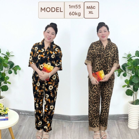 Đồ Bộ Trung Niên-Đồ Lam NHISTORE Pijama Lụa HongKong Cổ Chui Tay Lửng Quần Dài Có Túi Big Size Từ 45 - 85Kg