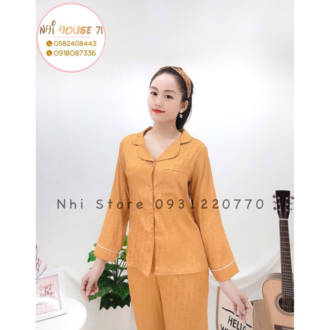 Bộ lụa Pijama Nhistore Quần Dài Tay Dài Gấm Satin Dệt Chữ Nôi Sang Trọng 45-65kg