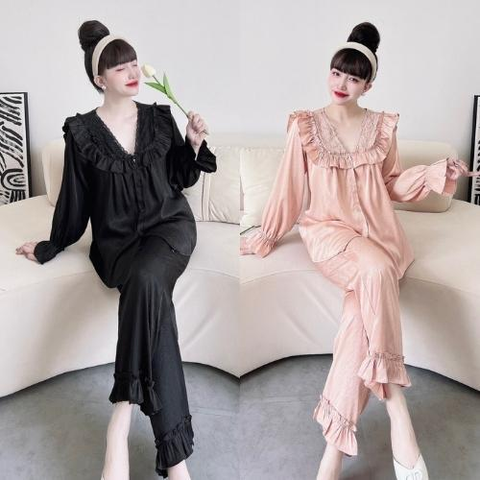 Đồ Bộ Ngủ Bộ Mặc Nhà Nhistore Pyjama Tiểu Thư Lụa Latin Mềm Áo Tay Phồng Form Rộng Quần Dài Suông 57kg