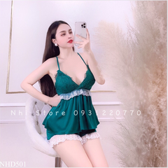 Bộ Lụa Mặc Nhà Nhistore Quần Ngắn Áo 2 Dây Cúp Ngực Phối Ren Sexy  Freesize dưới 57kg