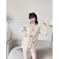 Bộ Lụa Mặc Nhà NHISTORE Pijama Quần Ngắn Tay Ngắn Phối Ren Họa Tiết Chuột Dễ Thương Size 40-55kg