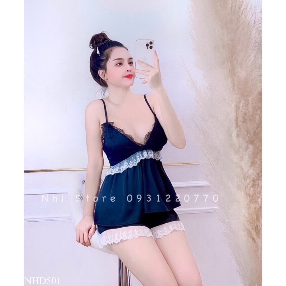 Bộ Lụa Mặc Nhà Nhistore Quần Ngắn Áo 2 Dây Cúp Ngực Phối Ren Sexy  Freesize dưới 57kg