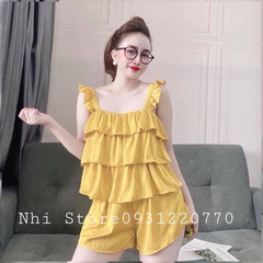 C008 - Đồ Bộ Kiểu Nữ Nhistore Set Bộ Lụa Latin Áo Hai Dây Bèo Tầng Phối Quần Ngắn Lưng Thun FreeSize 57kg