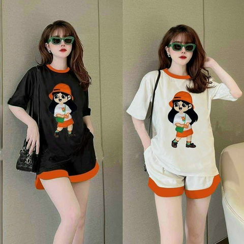 Đồ Bộ Thun Cotton Nữ Cao Cấp Nhistore Quần Short Phối Áo Thun Form Rộng Thêu Cô Gái 45-65kg