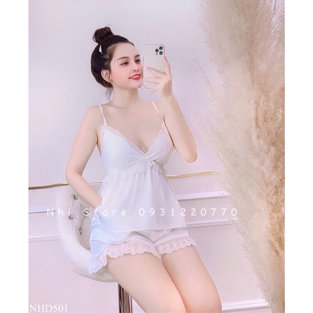 Bộ Lụa Mặc Nhà Nhistore Quần Ngắn Áo 2 Dây Cúp Ngực Phối Ren Sexy  Freesize dưới 57kg