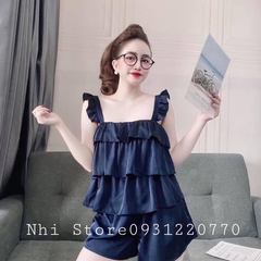 C008 - Đồ Bộ Kiểu Nữ Nhistore Set Bộ Lụa Latin Áo Hai Dây Bèo Tầng Phối Quần Ngắn Lưng Thun FreeSize 57kg