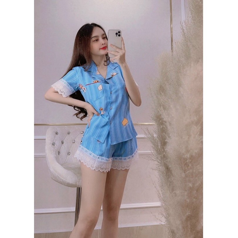 Bộ Lụa Mặc Nhà NHISTORE Pijama Quần Ngắn Tay Ngắn Phối Ren Họa Tiết Chuột Dễ Thương Size 40-55kg