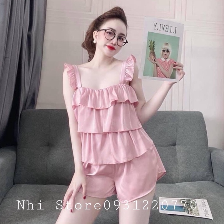 C008 - Đồ Bộ Kiểu Nữ Nhistore Set Bộ Lụa Latin Áo Hai Dây Bèo Tầng Phối Quần Ngắn Lưng Thun FreeSize 57kg