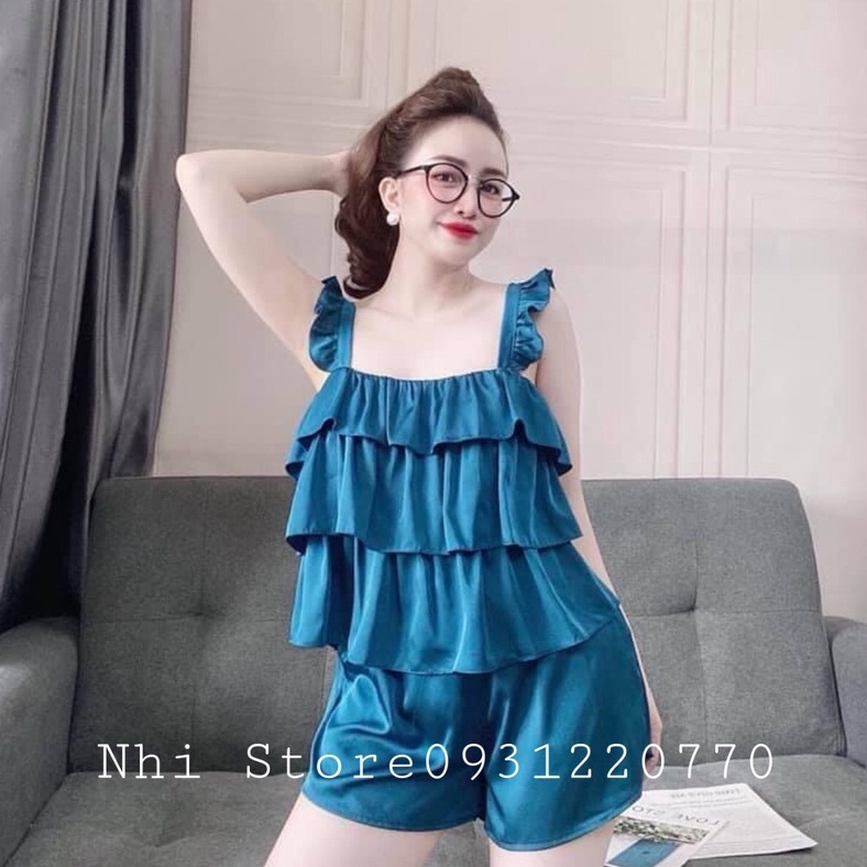 C008 - Đồ Bộ Kiểu Nữ Nhistore Set Bộ Lụa Latin Áo Hai Dây Bèo Tầng Phối Quần Ngắn Lưng Thun FreeSize 57kg