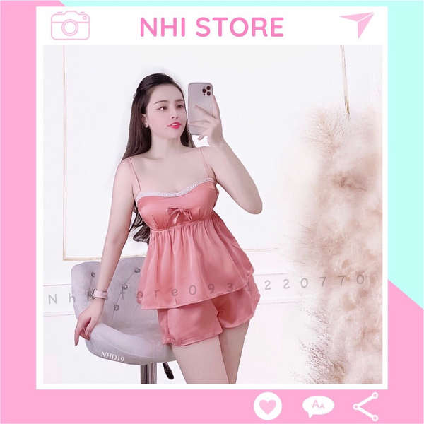 Bộ Lụa Mặc Nhà Nhistore Quần Ngắn Áo 2 Dây Phối Ren Cúp Ngực Sexy Freesize Dưới 57kg