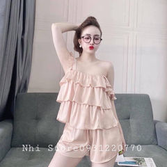 C008 - Đồ Bộ Kiểu Nữ Nhistore Set Bộ Lụa Latin Áo Hai Dây Bèo Tầng Phối Quần Ngắn Lưng Thun FreeSize 57kg