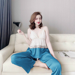 Bộ Lụa 2 Dây Sexy Nhistore Quần Dài Ống Suông Cúp Ngực Phối Ren Freesize Dưới 57kg