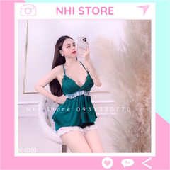 Bộ Lụa Mặc Nhà Nhistore Quần Ngắn Áo 2 Dây Cúp Ngực Phối Ren Sexy  Freesize dưới 57kg