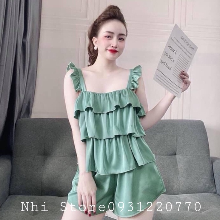 C008 - Đồ Bộ Kiểu Nữ Nhistore Set Bộ Lụa Latin Áo Hai Dây Bèo Tầng Phối Quần Ngắn Lưng Thun FreeSize 57kg