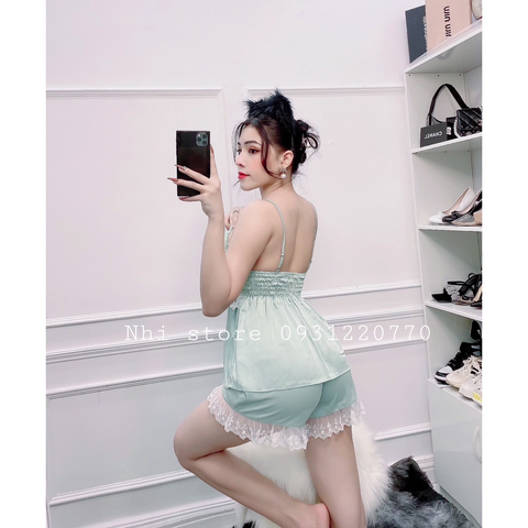 Bộ Lụa Mặc Nhà Nhistore Quần Ngắn Áo 2 Dây Cúp Ngực Phối Ren Sexy  Freesize dưới 57kg