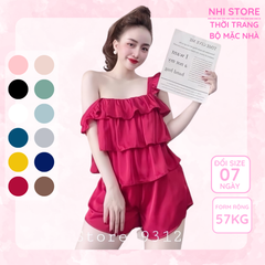 C008 - Đồ Bộ Kiểu Nữ Nhistore Set Bộ Lụa Latin Áo Hai Dây Bèo Tầng Phối Quần Ngắn Lưng Thun FreeSize 57kg