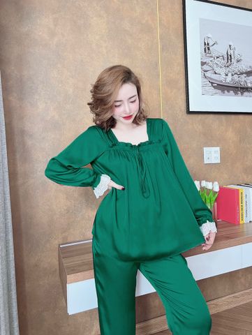 Đồ Bộ Mặc Nhà Pijama Tiểu Thư Nhistore Áo Cổ Vuông Tay Dài  Bèo Quần Dài Ống Suông Phối Ren Size Lớn 60kg