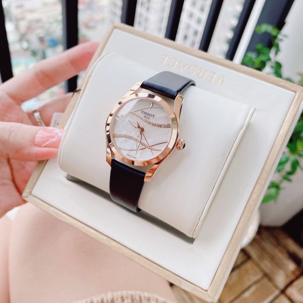 Đồng hồ Nữ Tissot T-Wave White Mother of Pearl Diamond Dial Black Leather #T1122103611100 