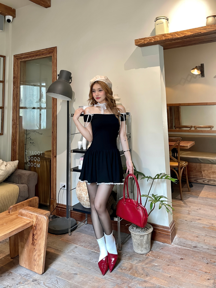 Váy đen trễ vai Luna Dress VTV03 dáng xòe, xếp ly, có nơ ở vai - Uni By Heart