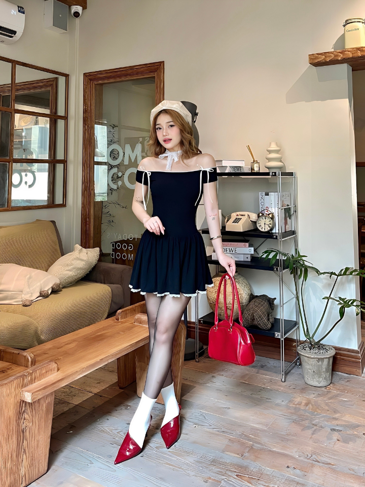 Váy đen trễ vai Luna Dress VTV03 dáng xòe, xếp ly, có nơ ở vai - Uni By Heart