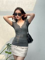 Áo ôm body nữ Jolie Top CT004 ngắn tay, cổ tim có cúc bấm, chất thun gân co giãn, thoáng mát - Uni By Heart