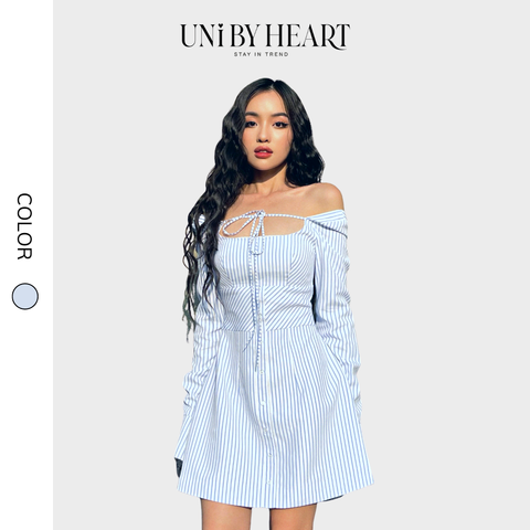 Váy sơ Daisy Long Shirt VK002 họa tiết kẻ sọc, dây buộc hiện đại - Uni By Heart