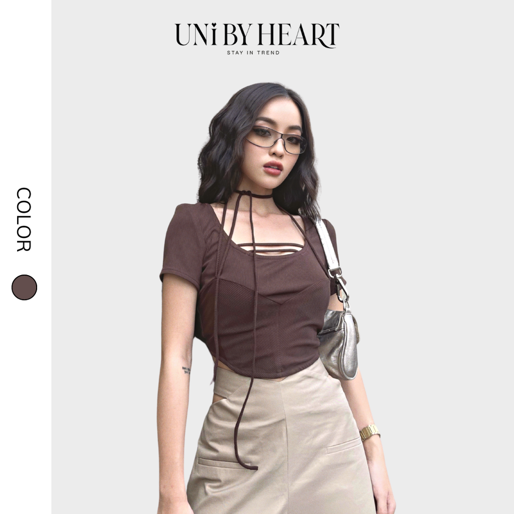 Áo croptop dáng ôm Dani Top CRT04 kiểu dáng vạt cong cá tính, phối dây hiện đại, chất liệu thun gân - Uni By Heart