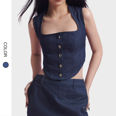 Áo ôm dáng ngắn Naomi Top AB001 kiểu dáng sát nách, chất liệu vải jean, có dây đai sau trẻ trung - Uni By Heart