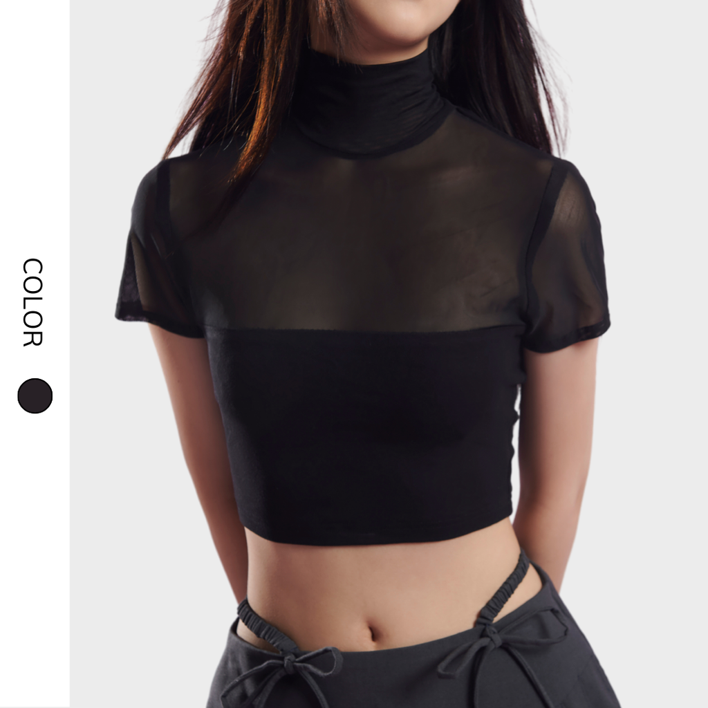 Áo croptop cổ lọ tay ngắn Remy Top phối lưới AL002 dáng ôm dễ phối đồ - Uni By Heart