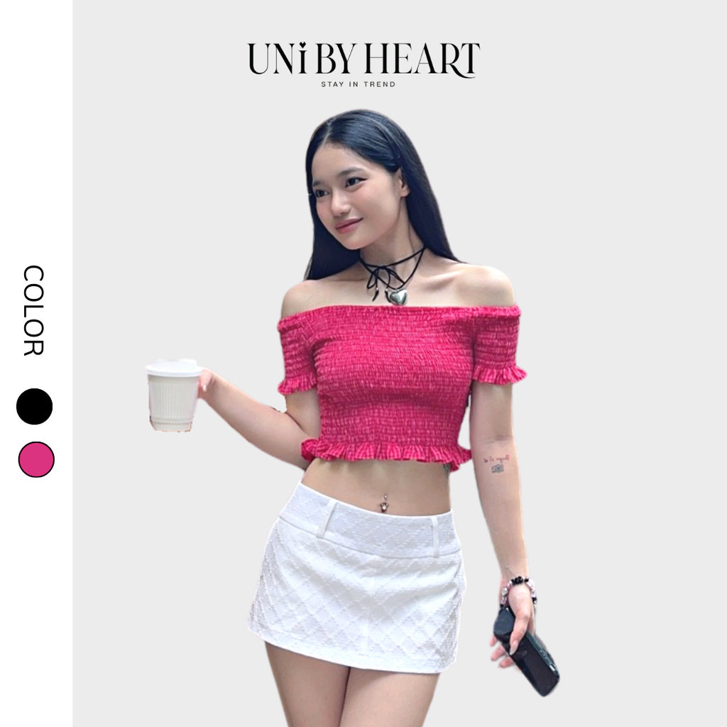 Áo croptop trễ vai Fika Top ATV04 vải kẻ caro mềm mại, co giãn, tay áo xòe cách điệu - Uni By Heart