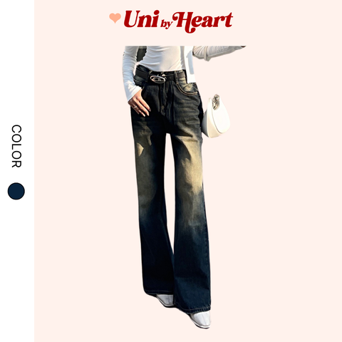 Quần jeans ống đứng nữ Denim Wash Straight-Leg QB003 dáng suông, cạp cao - Uni By Heart