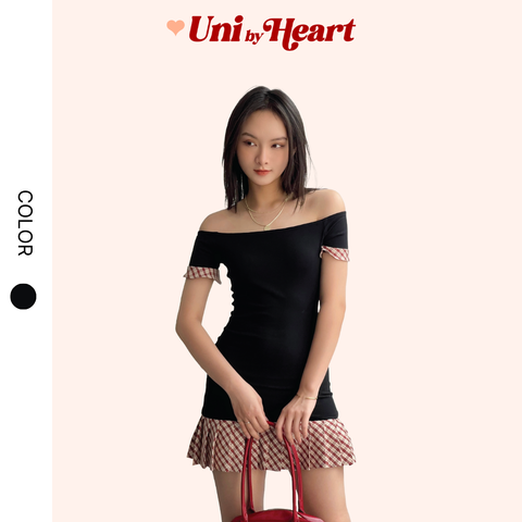 Váy ôm body trễ vai Flane Dress VTV02 dáng ngắn, phối viền chân váy xếp ly - Uni By Heart