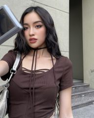 Áo croptop dáng ôm Dani Top CRT04 kiểu dáng vạt cong cá tính, phối dây hiện đại, chất liệu thun gân - Uni By Heart