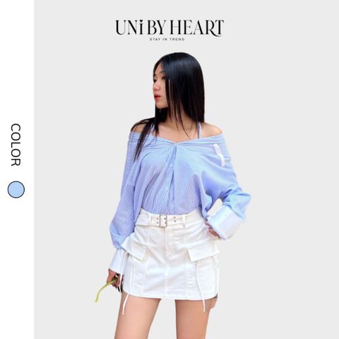 Áo sơ mi lộ vai Devi Shirt SMI021 kẻ sọc xanh dương, form rộng, thiết kế trẻ trung, hiện đại - Uni By Heart