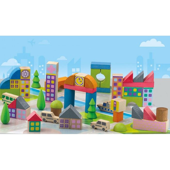 Đồ chơi xây dựng thành phố thu nhỏ bằng gỗ - 50 chi tiết