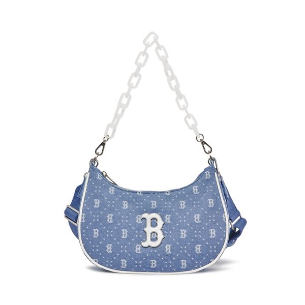 Túi MLB Diamond Monogram Denimlike Jacquard Strap Hobo Bag Boston Red Sox L.Sky Blue 3ABQS023N-43SBL