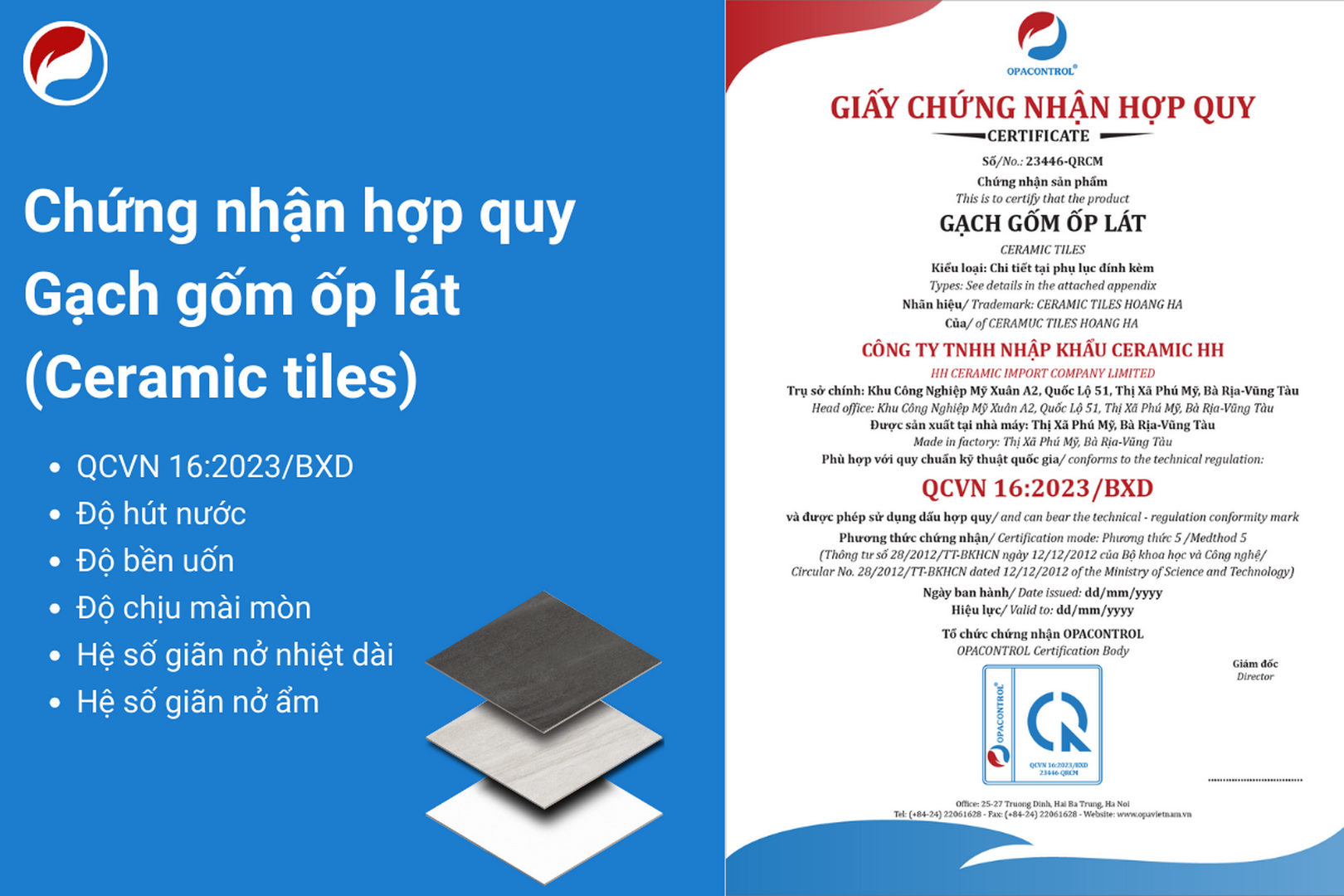  Chứng nhận hợp quy gạch gốm ốp lát (Ceramic tiles) - QCVN 16:2023/BXD. 