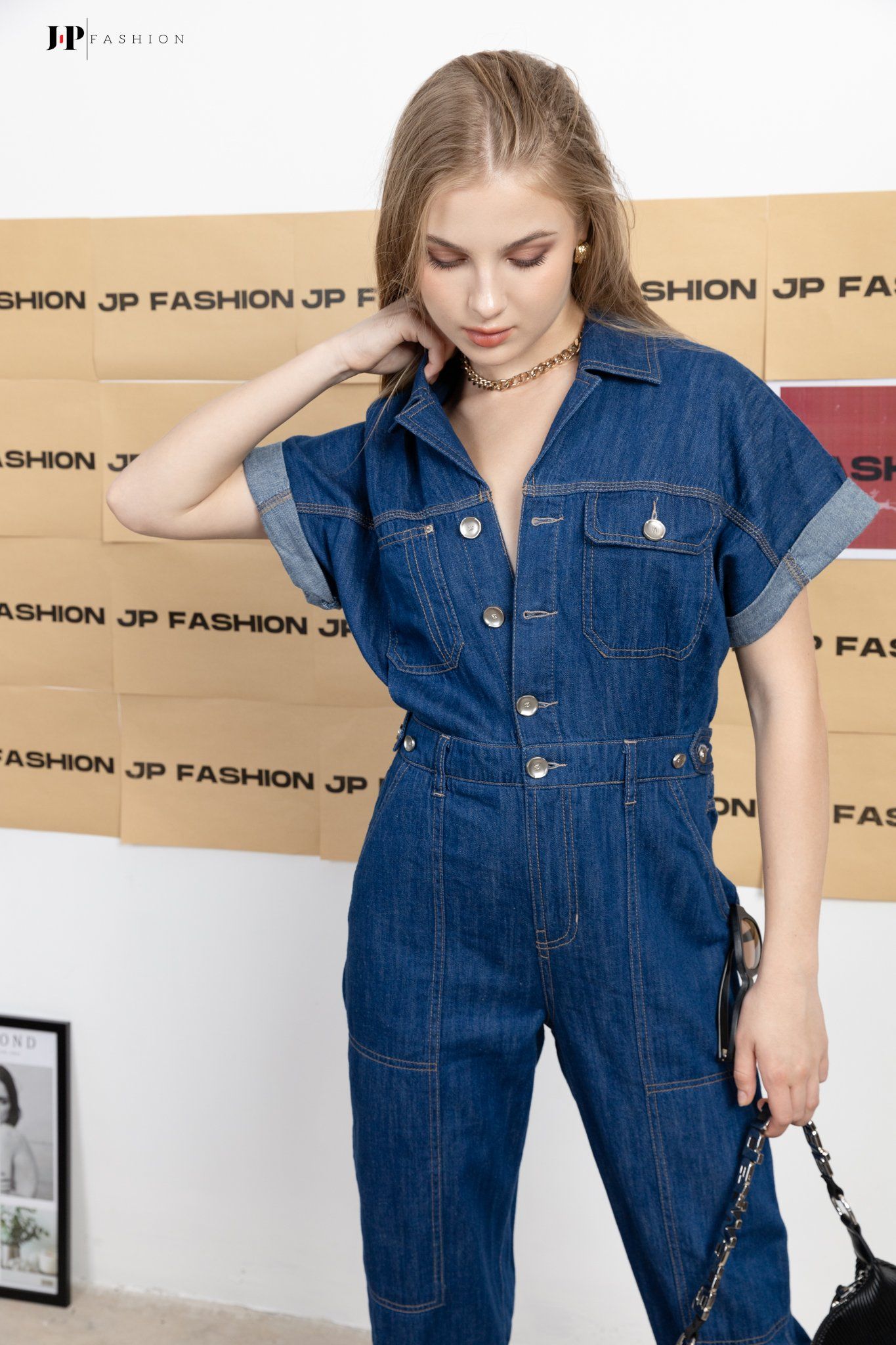  Jumpsuit jean ngắn tay 